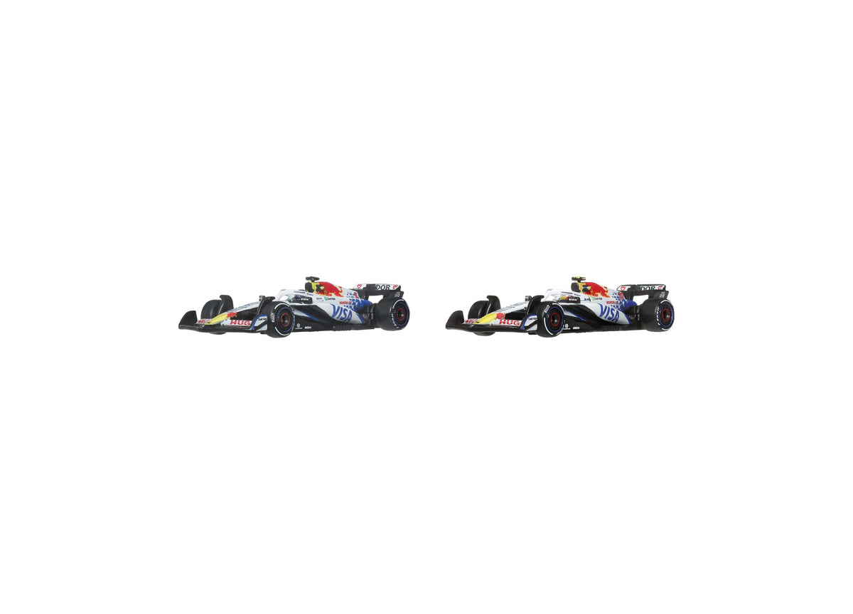 Hot Wheels 1:64 Scale Formula 1 Racing Bulls Die-Cast Race Car 2-Pack with two red and blue race cars on display plinths