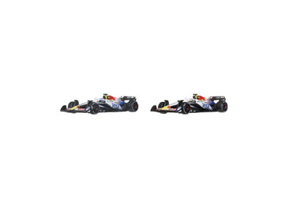 Hot Wheels 1:64 Scale Formula 1 Racing Bulls Die-Cast Race Car 2-Pack with two red and blue race cars on display plinths