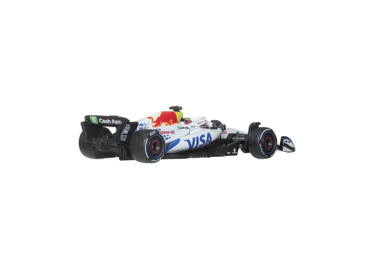 Hot Wheels 1:64 Scale Formula 1 Racing Bulls Die-Cast Race Car 2-Pack with white and blue liveried car on display