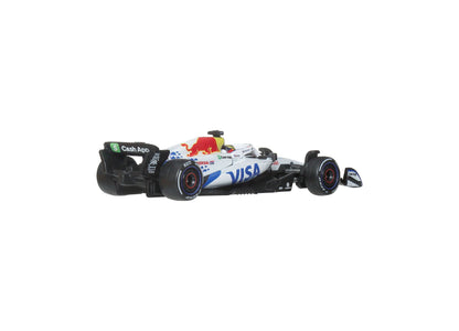 Hot Wheels 1:64 Scale Formula 1 Racing Bulls Die-Cast Race Car 2-Pack with white and blue liveried car on display