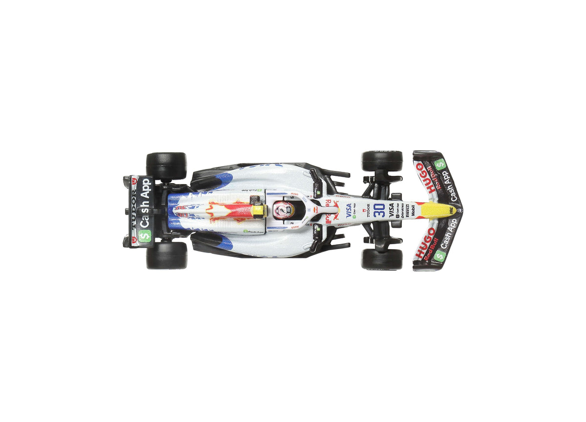 Hot Wheels 1:64 Scale Formula 1 Racing Bulls Die-Cast Race Car 2-Pack top view showing two white and black race cars ...