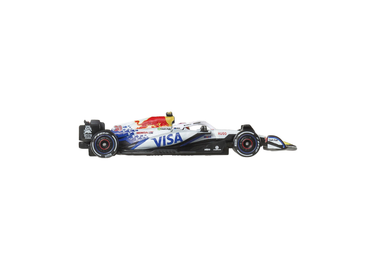 Hot Wheels 1:64 Scale Formula 1 Racing Bulls Die-Cast Race Car 2-Pack with white, blue, and red livery
