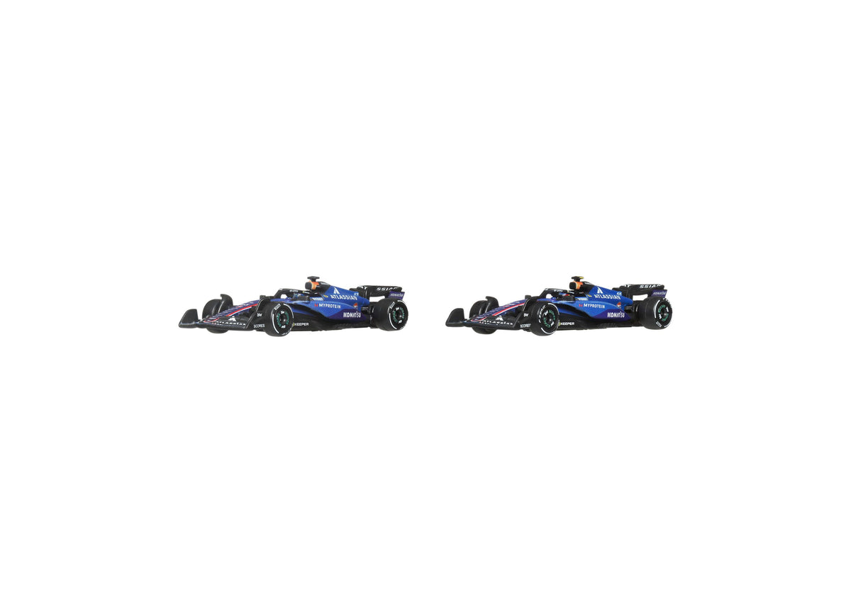 Hot Wheels 1:64 Scale Atlassian Williams Racing 2-pack with two blue and black Formula 1 race cars displayed side by ...
