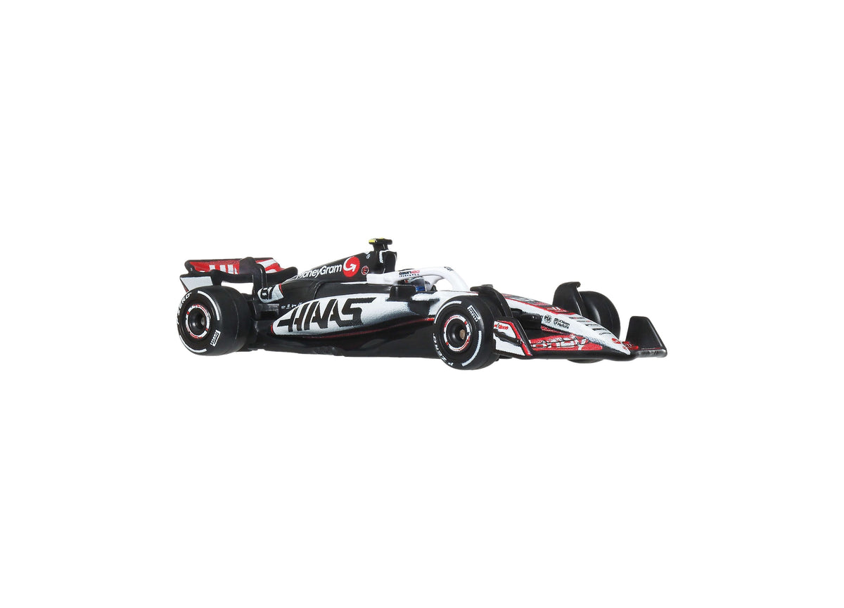 Hot Wheels 1:64 Scale MoneyGram Haas F1 Team die-cast race car in white, black and red livery