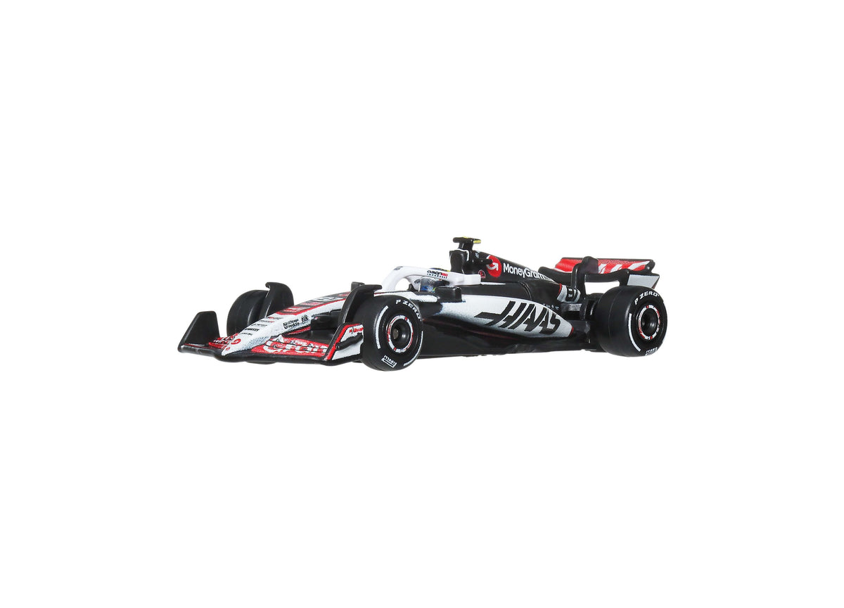 Hot Wheels 1:64 Scale MoneyGram Haas F1 Team die-cast race car with red, white, and black livery
