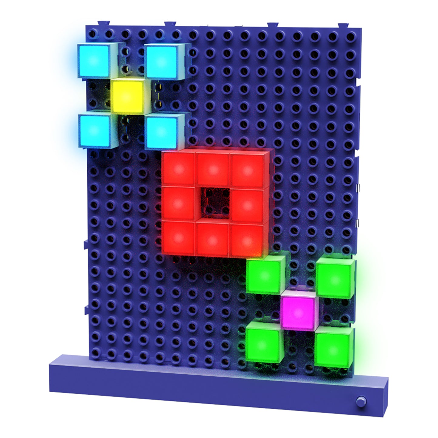 E-Blox Lite Blox Student Set with illuminated cyan, yellow, red, green, and magenta blocks on pegboard