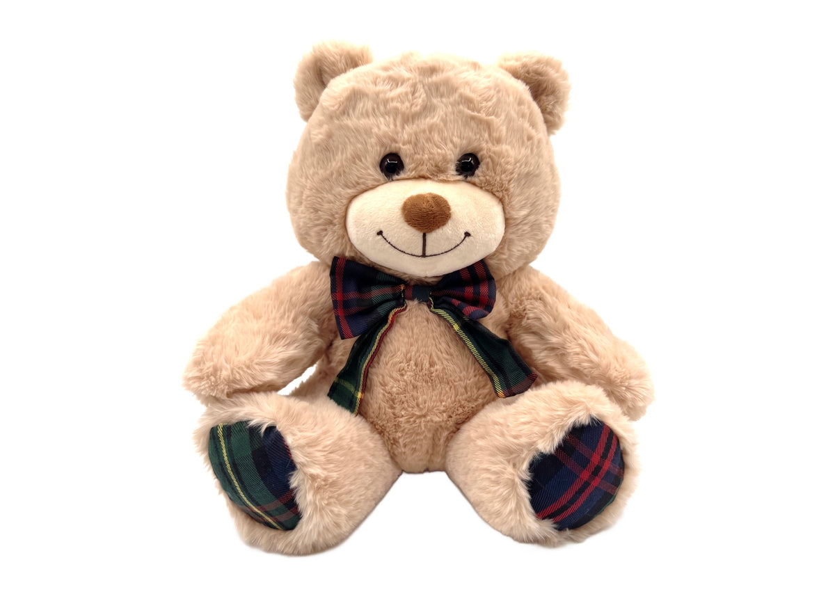 Wild Hippo 13" Holiday Plaid Plush Bear with cream-colored body, plaid paws, and matching plaid bow tie