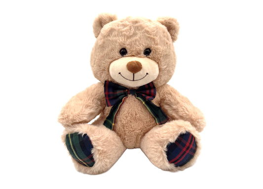 Wild Hippo 13" Holiday Plaid Plush Bear with cream-colored body, plaid paws, and matching plaid bow tie