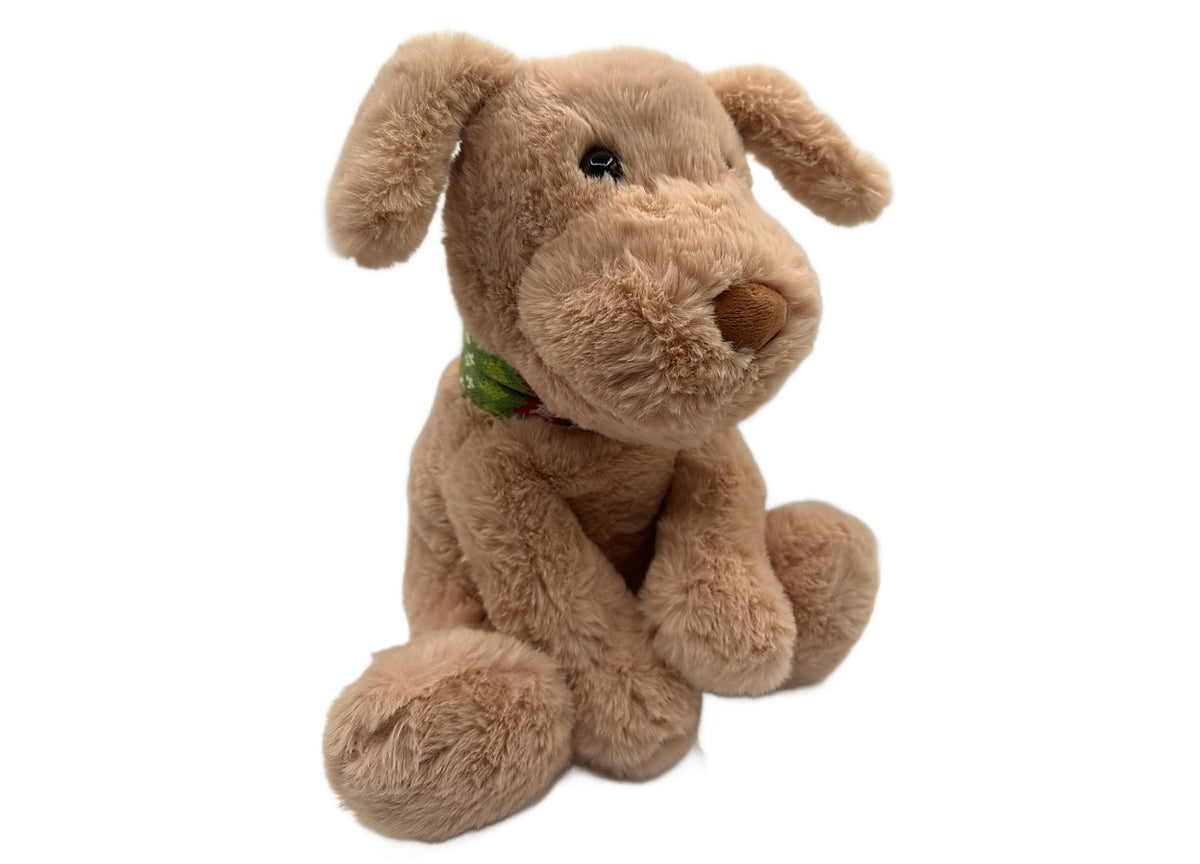 Wild Hippo Holiday Hound 12.5" plush dog with floppy ears, brown coloring, and green patterned knit collar