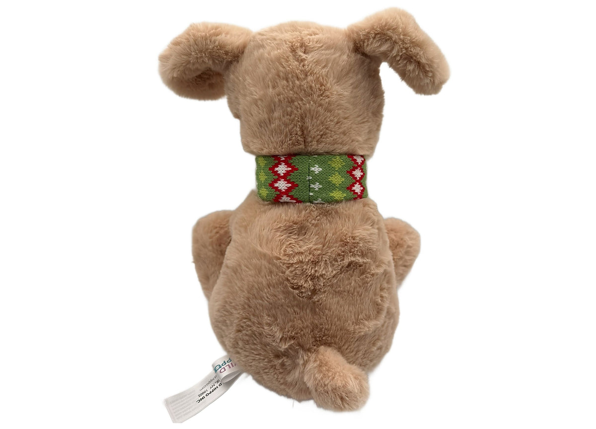 Wild Hippo Holiday Hound 12.5" plush dog with floppy ears and festive green knit collar with red and white pattern