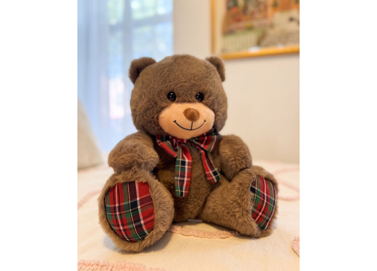 Wild Hippo Holiday Plaid Bear Wishes 13" plush teddy bear with brown body, plaid paws, and coordinating plaid bow