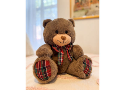 Wild Hippo Holiday Plaid Bear Wishes 13" plush teddy bear with brown body, plaid paws, and coordinating plaid bow