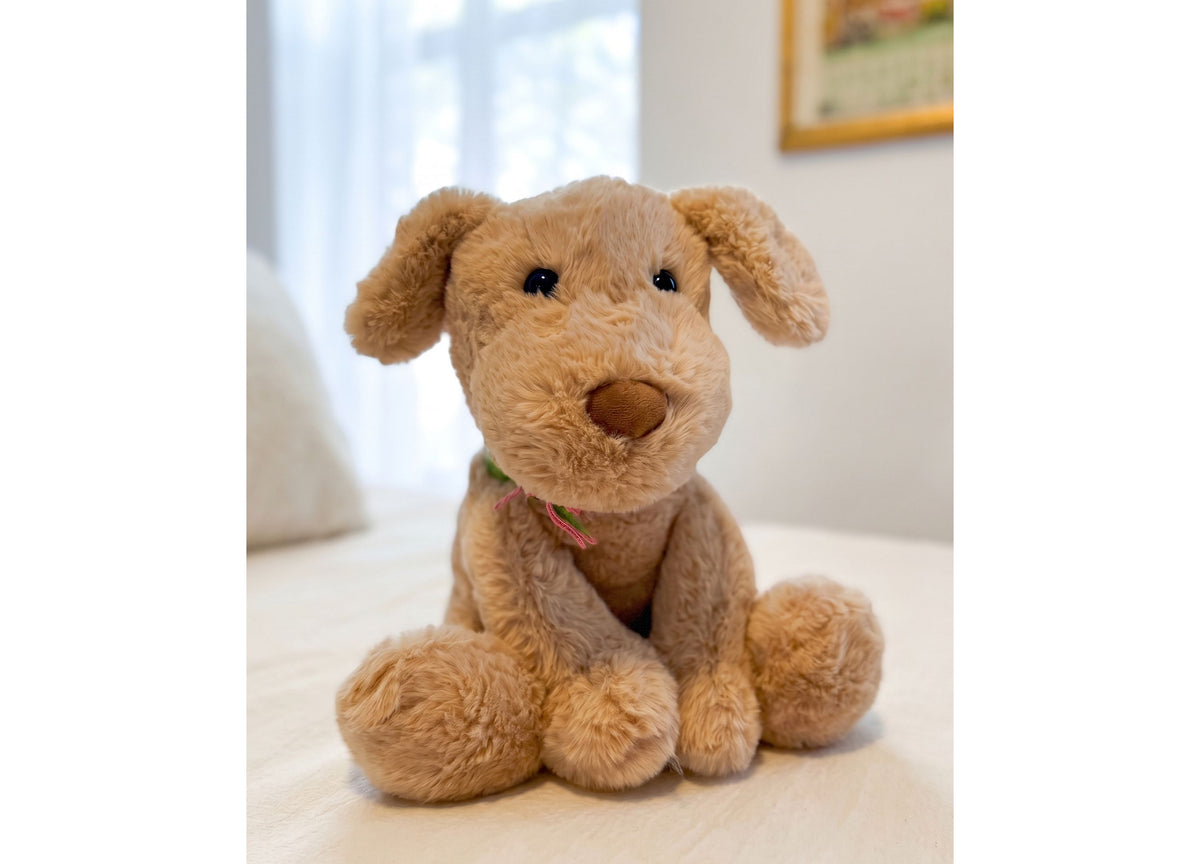 Wild Hippo Holiday Hound 12.5" Plush tan dog with floppy ears, brown nose, and patterned knit collar