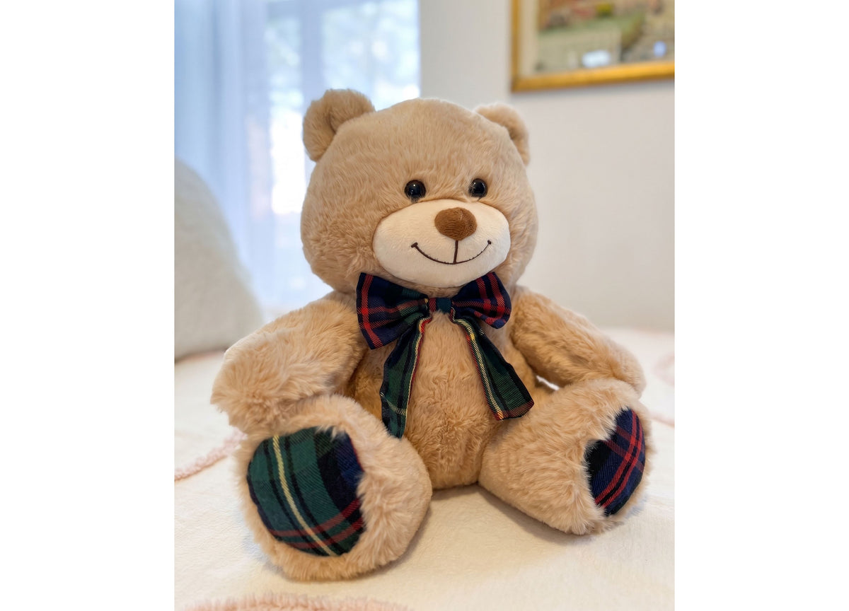 Wild Hippo 13" Holiday Plaid Plush Bear with tan body, plaid paws, and matching plaid bow tie