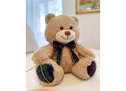 Wild Hippo 13" Holiday Plaid Plush Bear with tan body, plaid paws, and matching plaid bow tie