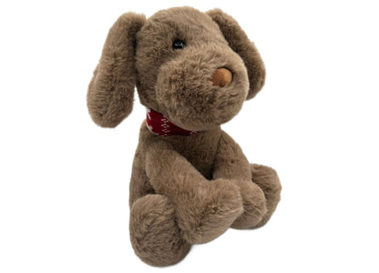 Wild Hippo Holiday Hound plush dog with floppy ears, brown coloring, and red patterned knit collar