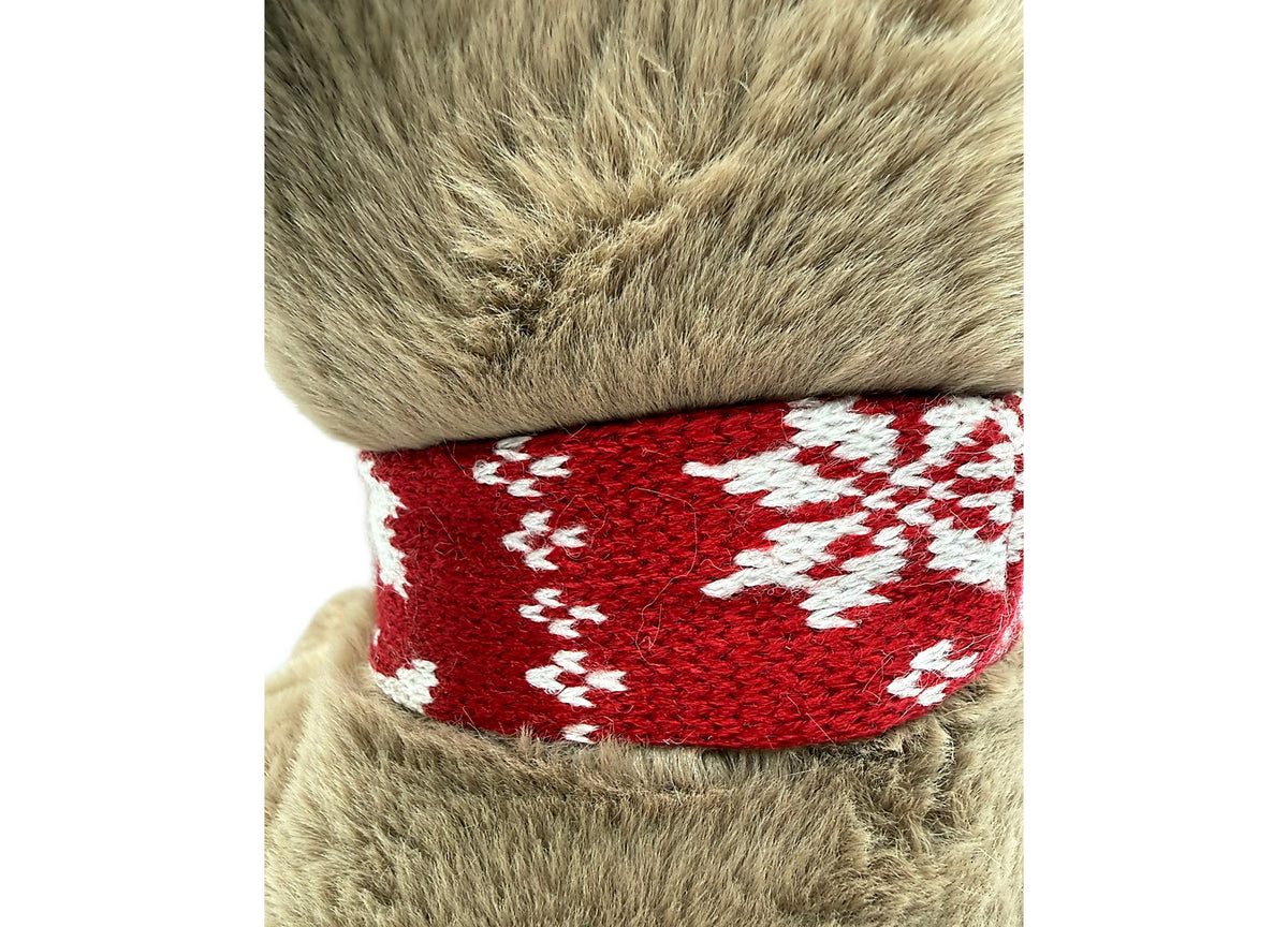 Wild Hippo Holiday Hound plush dog with gray fur and red patterned knit collar with white details