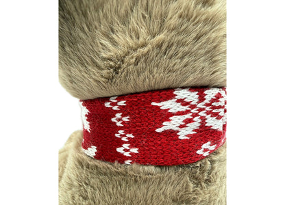 Wild Hippo Holiday Hound plush dog with gray fur and red patterned knit collar with white details