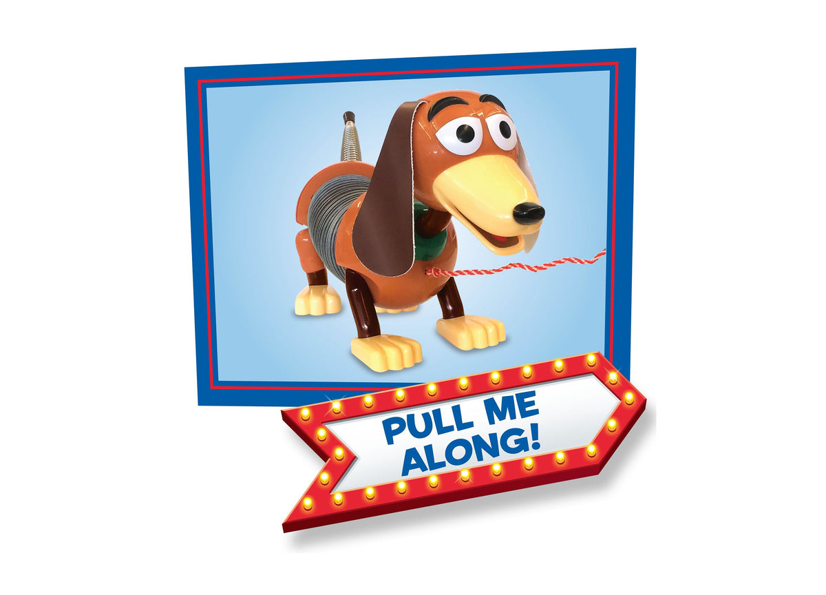 Toy Story Slinky Dog Pull Toy with orange body, yellow snout, floppy ears, green collar, and coiled midsection on blu...