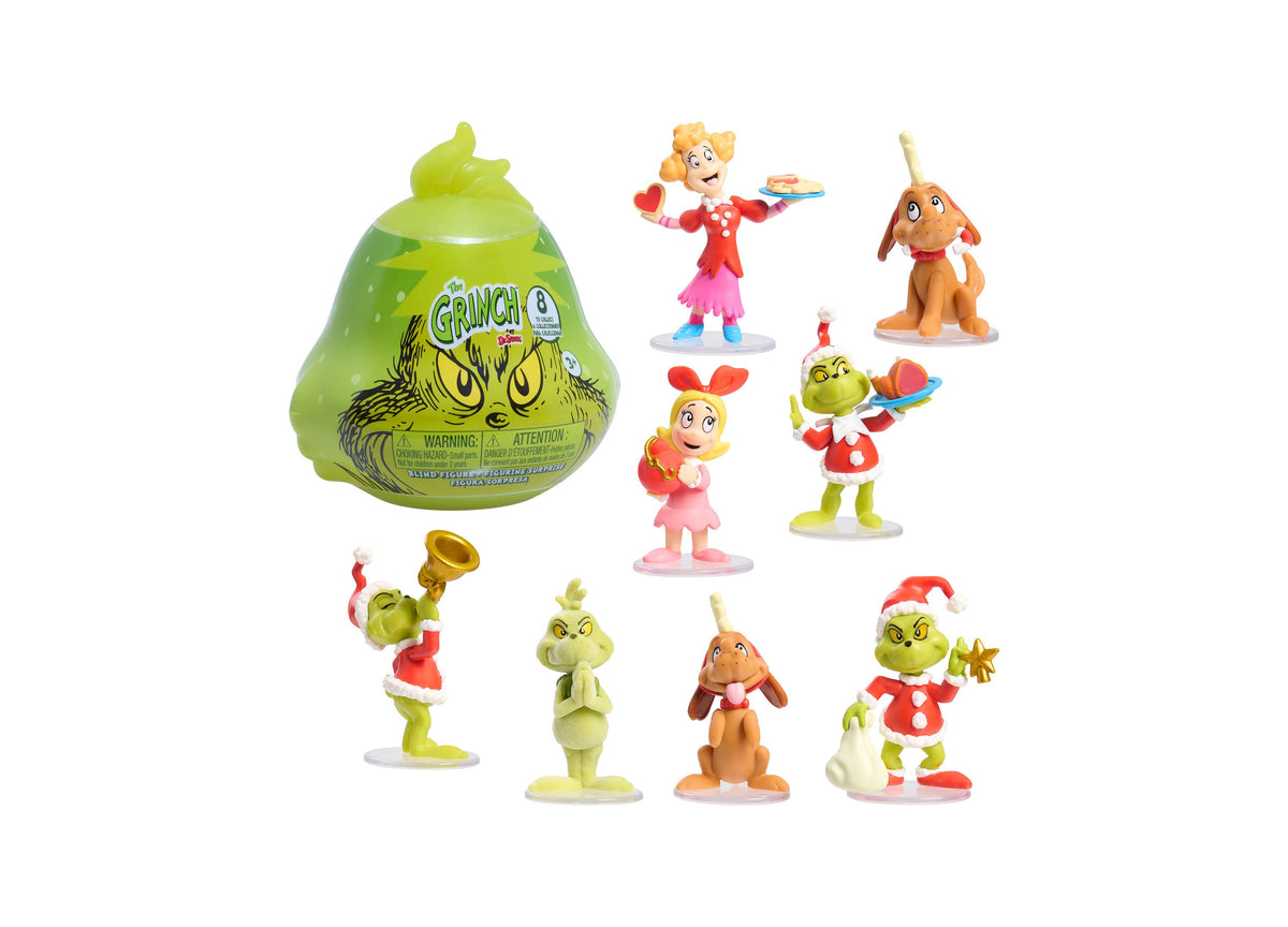 Dr. Seuss Grinch 8-Piece Collectible Figure Set in green pear-shaped container with Grinch characters and Whoville fi...
