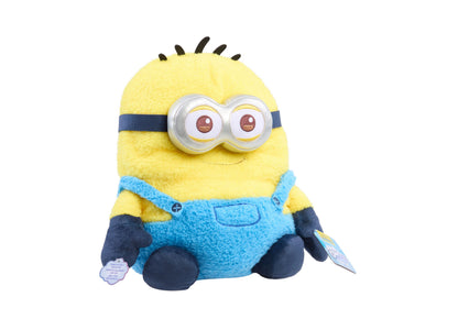 Minions Ed 10" Weighted Comfeez Plush toy with yellow body, blue overalls, goggles, and black accents