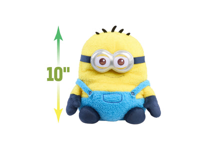 Minions Ed 10" Weighted Comfeez Plush toy with yellow head, blue overalls, goggles, and black spiky hair