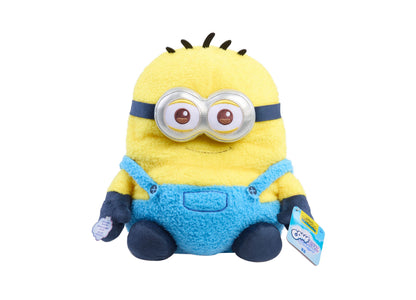 Minions Ed 10" Weighted Comfeez Plush toy with yellow body, blue overalls, goggles, and black spiky hair