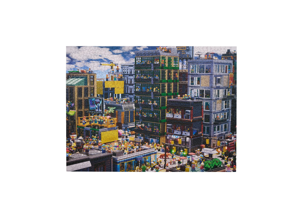 Lego City Find the Figure 1000-piece puzzle showing colorful urban buildings with hidden minifigures to locate