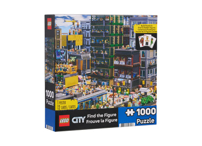 LEGO City Find the Figure 1000-Piece Puzzle box showing colorful urban cityscape with buildings, streets, and yellow ...