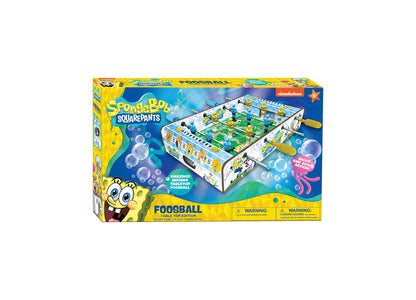 SpongeBob SquarePants Wooden Tabletop Foosball Game with green playing field, white sides, yellow rods, and character...