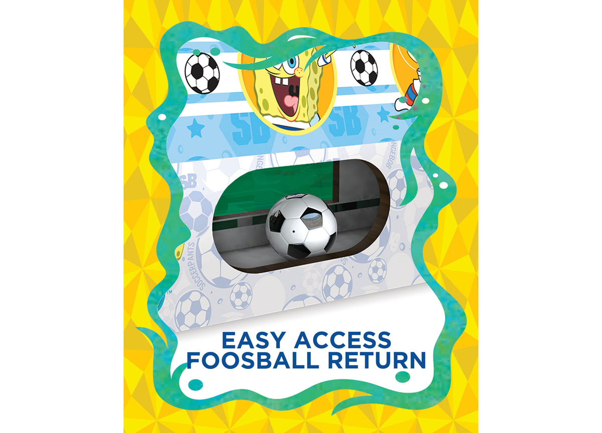 SpongeBob SquarePants Wooden Tabletop Foosball Game with easy access ball return, featuring green and yellow packaging