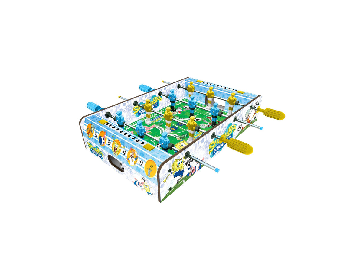 SpongeBob SquarePants tabletop foosball game with blue and yellow players, green field, and yellow handles