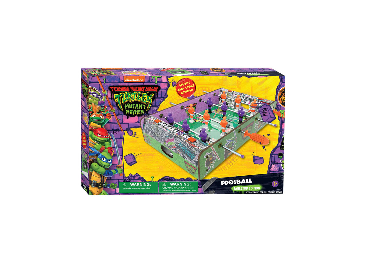 TMNT Mutant Mayhem Foosball Tabletop Edition with purple and green design, featuring player figures and manual scorers