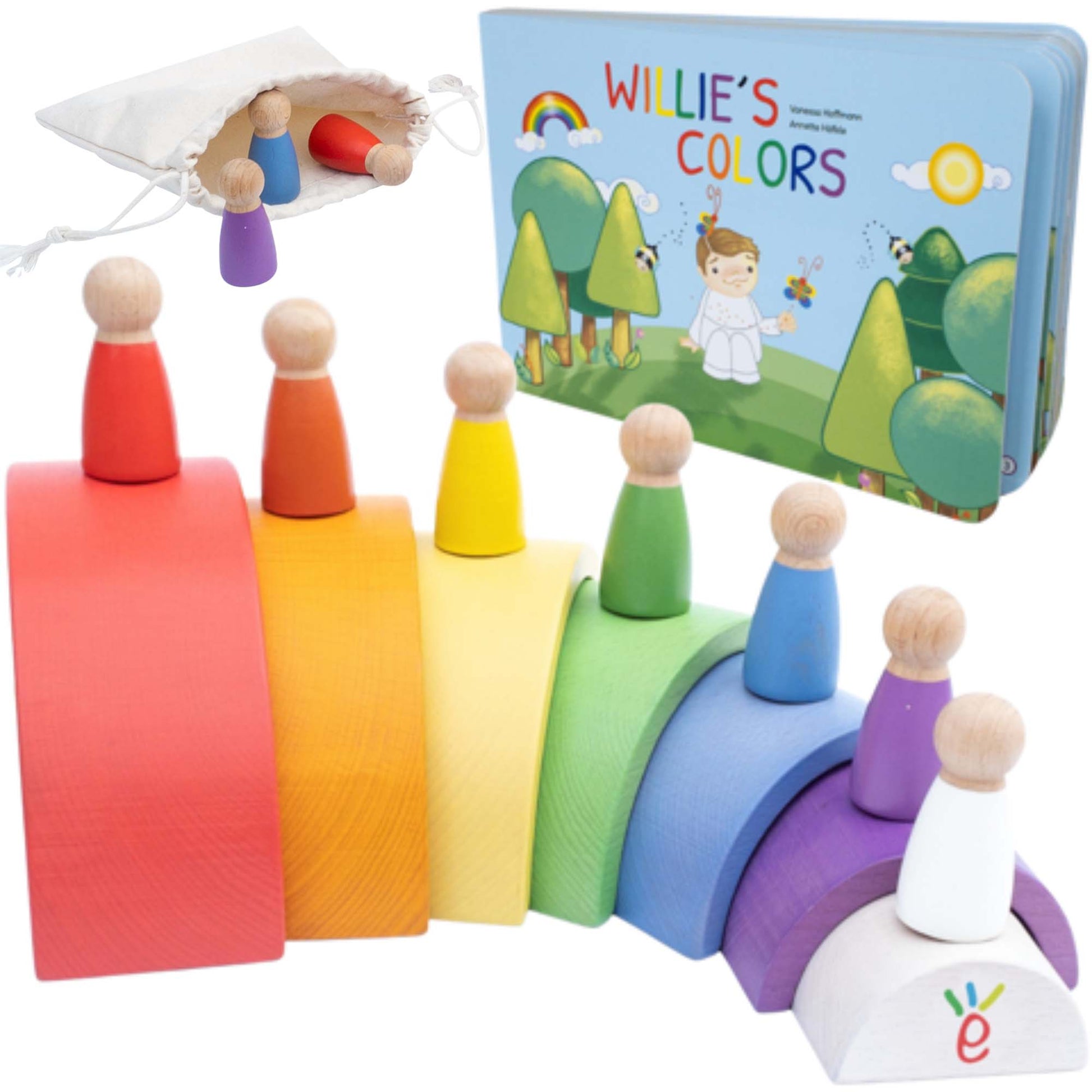 Wooden peg dolls in rainbow colors stacked on curved color-block arches, with storage pouch and Willie's Colors board book