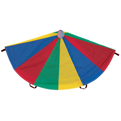 Multicolored nylon parachute with alternating blue, red, yellow, and green panels, center handle, and brown grip handles around the edge
