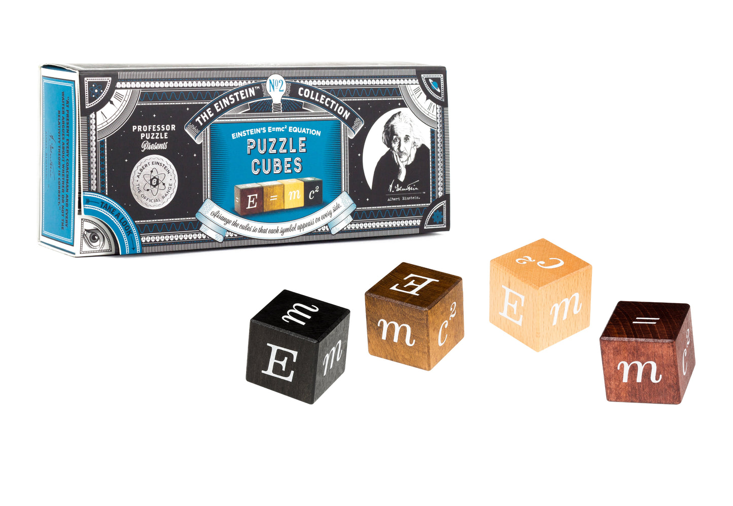 Einstein's E=MC² Puzzle Cubes set with decorative box featuring Albert Einstein portrait and four wooden cubes in black, brown, light wood, and dark red with ma