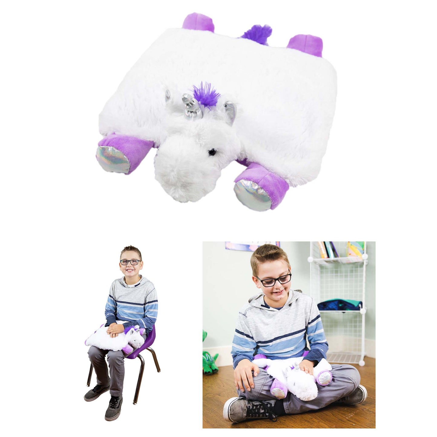 White plush unicorn with purple mane, ears, and hooves, shown as product display and modeled by children sitting and holding the weighted sensory lap pad