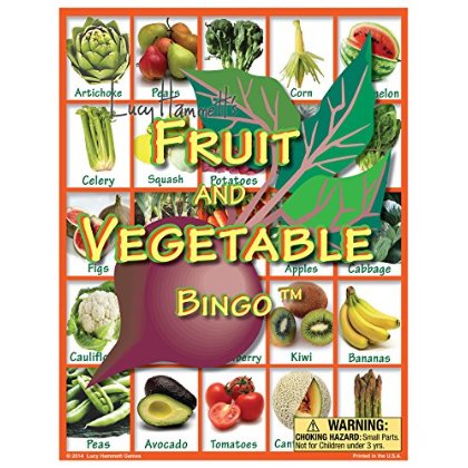 Nutri-Bingo: Fruit & Vegetable Bingo game box showing grid of produce images including artichoke, corn, kale, celery, squash, potato, peas, avocado, tomatoes, a