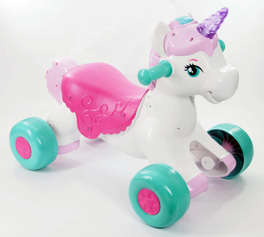 White unicorn ride-on toy with purple horn, pink mane and saddle, turquoise wheels and accessories on plain background