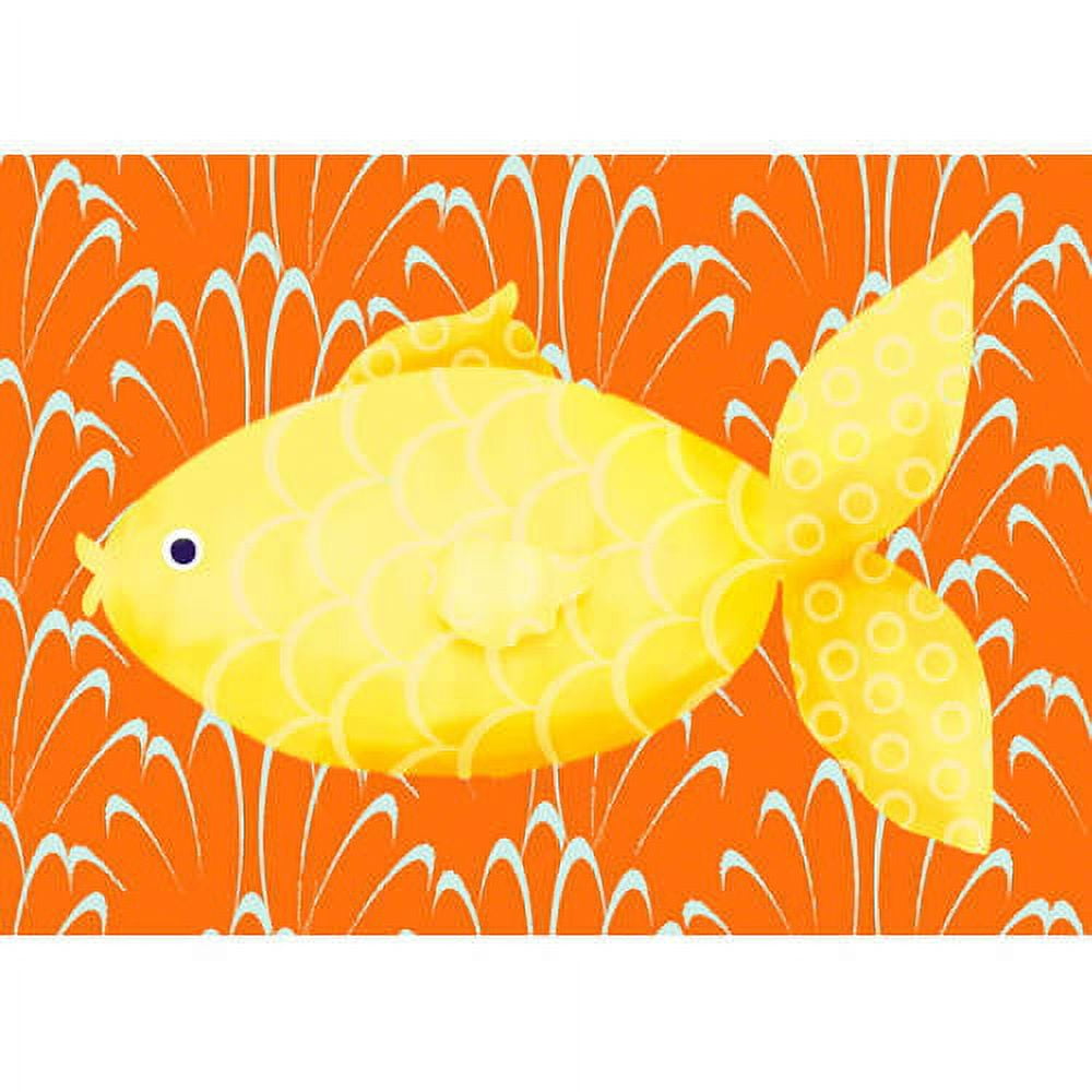 Bright yellow fish with patterned fins swimming against orange coral background, canvas wall art illustration