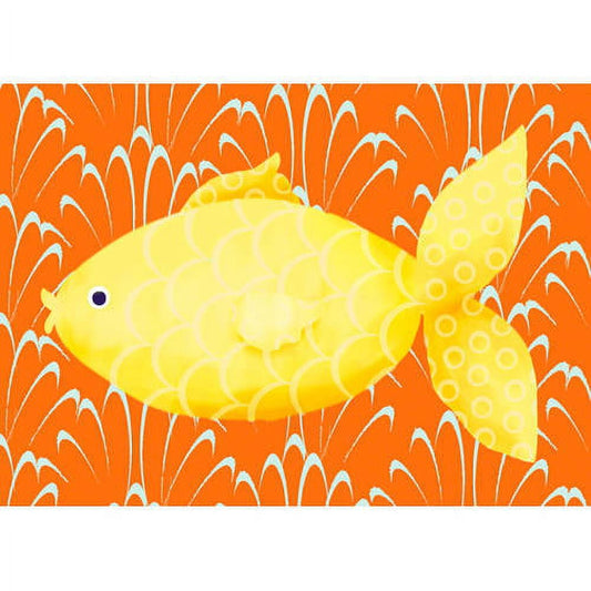 Bright yellow fish with patterned fins swimming against orange coral background, canvas wall art illustration