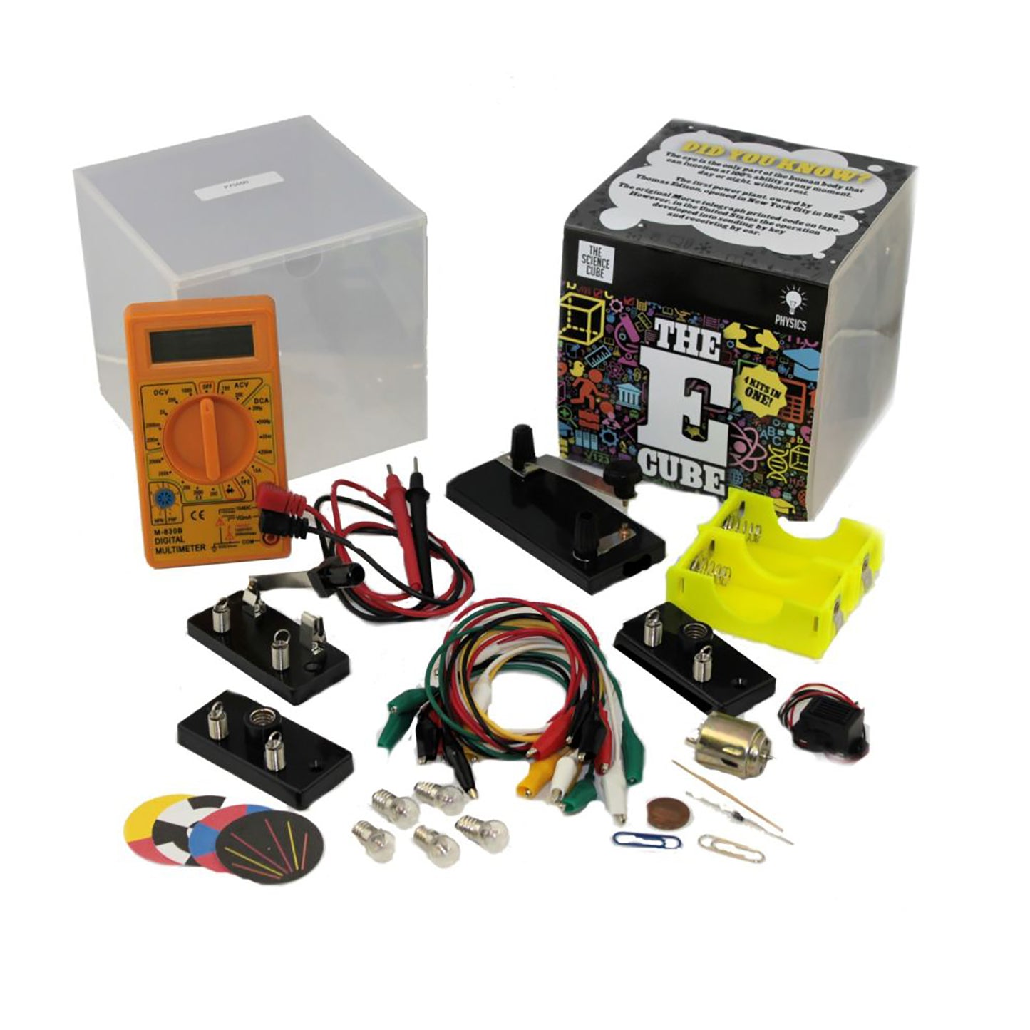 The E Cube Comprehensive Electricity Exploration Kit contents displayed, including orange digital multimeter, colorful circuit boards, black component bases, mu