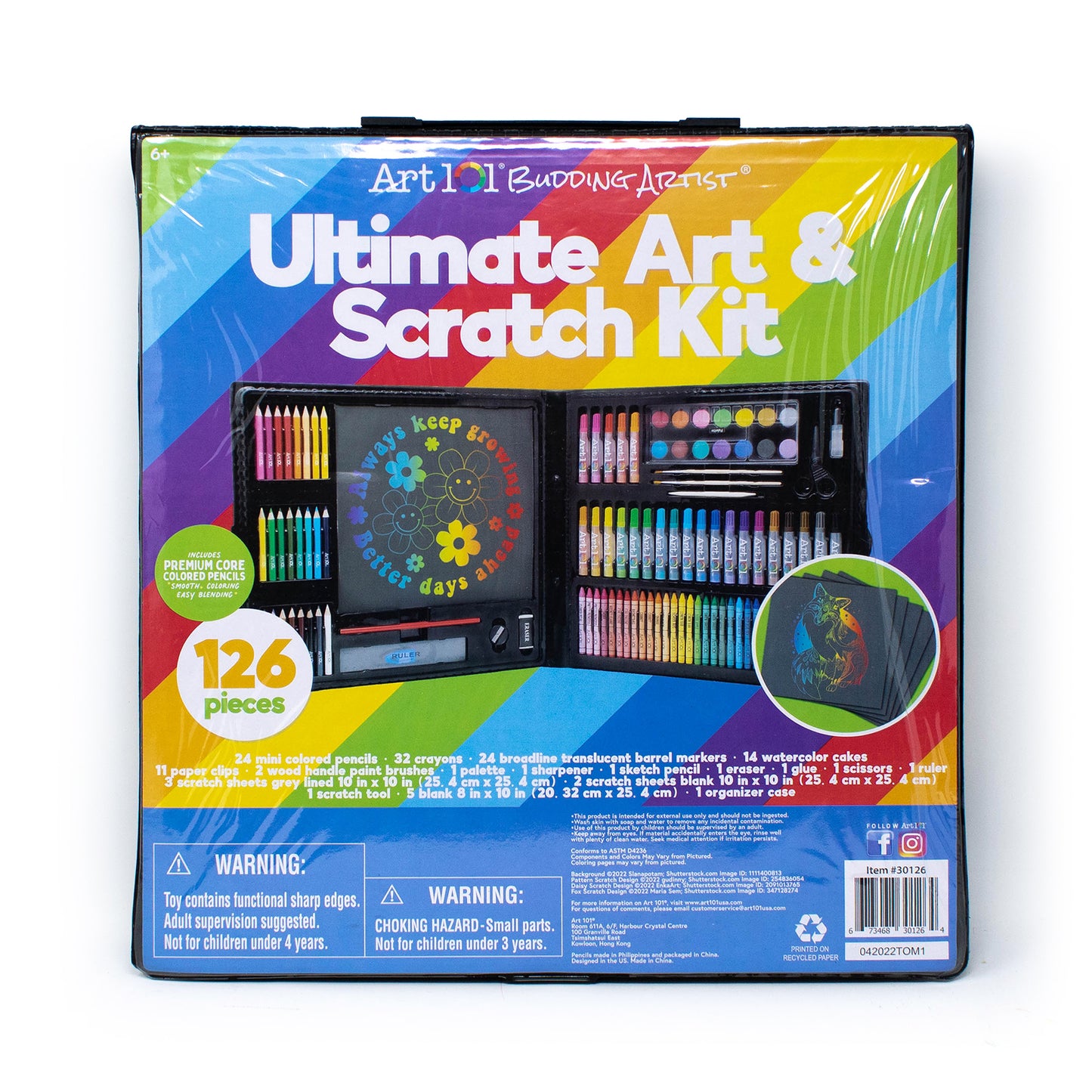 Art 101 Ultimate Art & Scratch Kit with 126 pieces including colored pencils, markers, crayons, watercolor cakes, and scratch art sheets in black organizer case