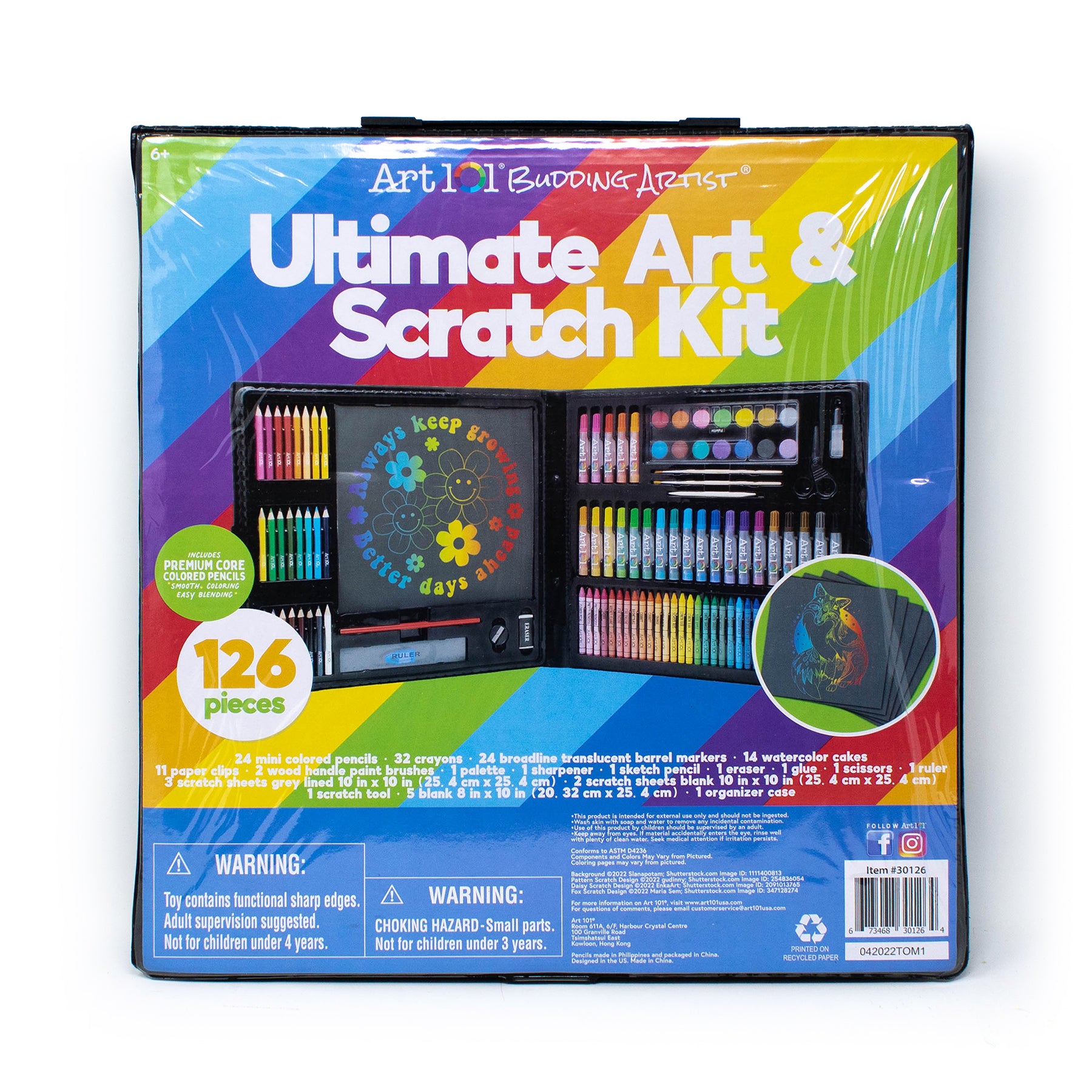 Art 101 Ultimate Art & Scratch Kit with 126 pieces including colored pencils, markers, crayons, watercolor cakes, and scratch art sheets in black organizer case