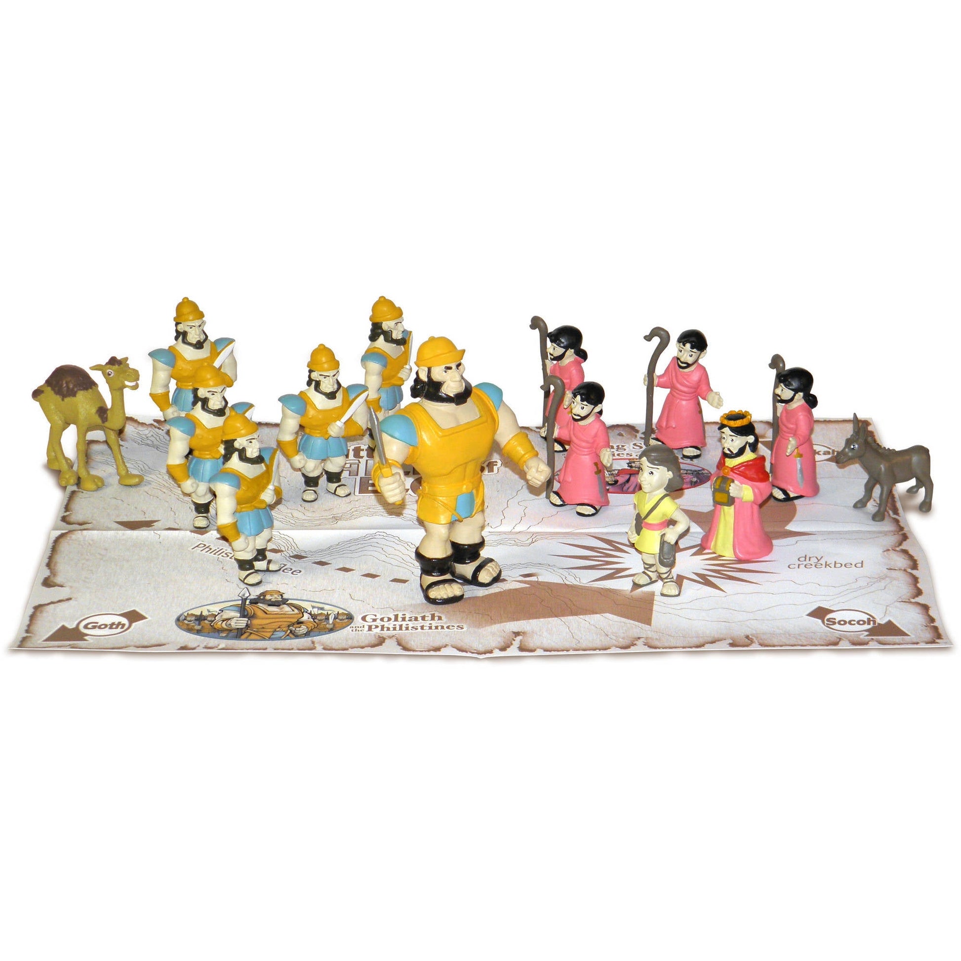 Goliath and Philistines pop-up play set with multiple soldier and royal figures in yellow and blue armor, pink robes, camels, and dogs on illustrated cardboard