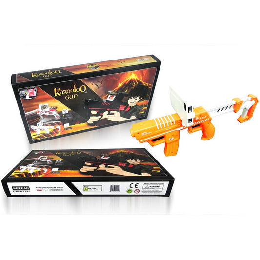 Kazooloo gun toy blaster playset with orange and white gun accessories and black packaging box featuring anime-style artwork