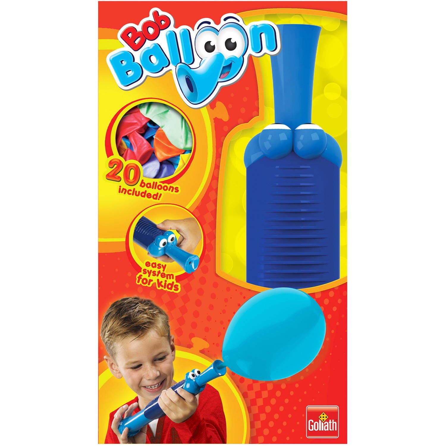 Bob Balloon pump packaging showing blue pump with cartoon character face, blue storage container, turquoise balloon, and child on model inflating balloon