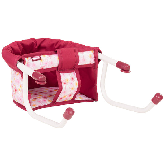 Pink and white floral doll high chair with burgundy fabric seat, white frame, and burgundy knobs, fits dolls up to 19 inches