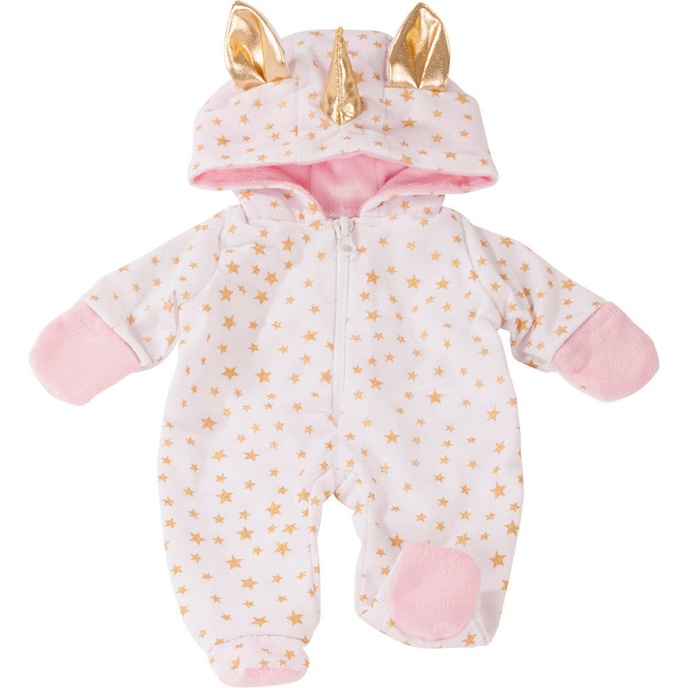 Unicorn costume pajama sleeper with lavender and gold star print, pink fuzzy ears, horn, mittens, and padded feet for 13-inch dolls