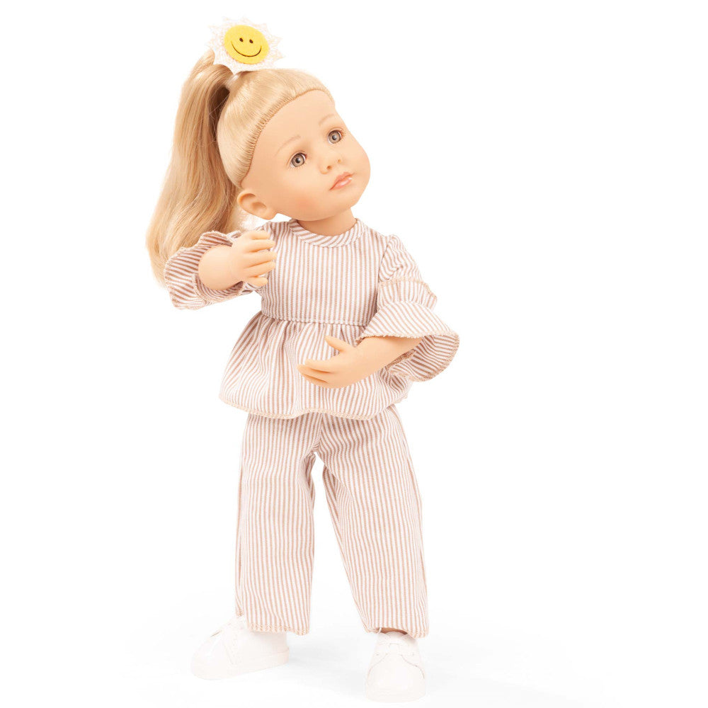 14-inch Gotz Little Kidz doll with blonde hair, headband with yellow smiley face, wearing pink and white striped pajama set and white socks